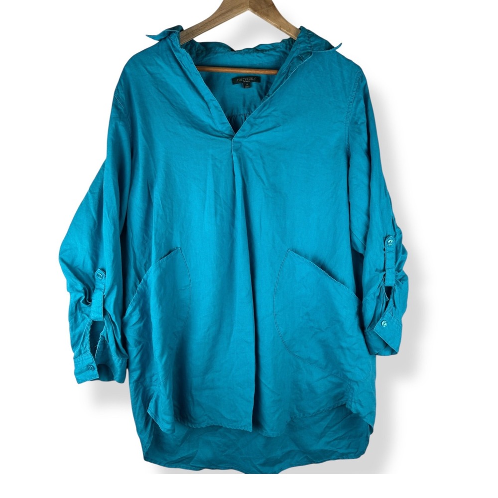 For Cynthia Tunic Top Womens Plus Size 1X 100%‎ Linen Coastal Resort Pockets